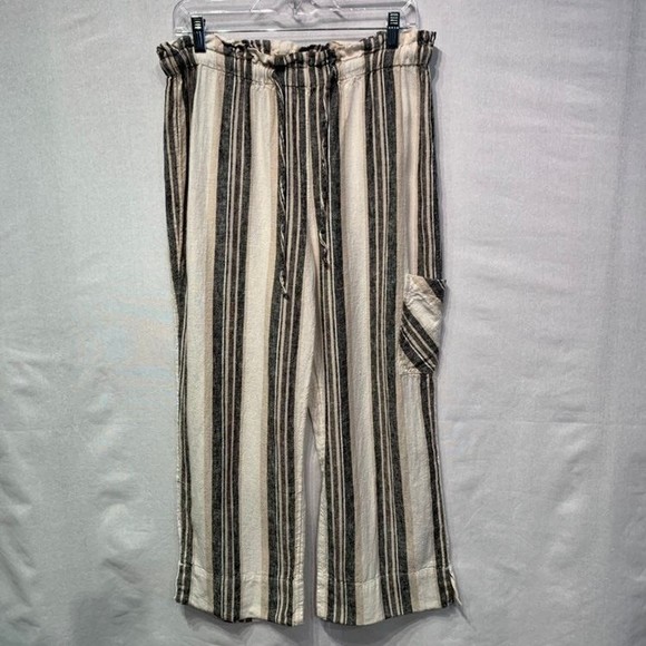 Naturals D&co Linen Striped cropped Cargo pocket paper bag waist pants SMALL - Picture 1 of 9